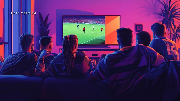 PSD amigos assistem a um jogo de futebol na tv na sala de estar à noite.