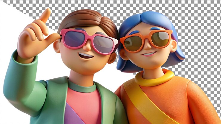 PSD amigos de desenho animado sorridente usando óculos de sol e roupas coloridas