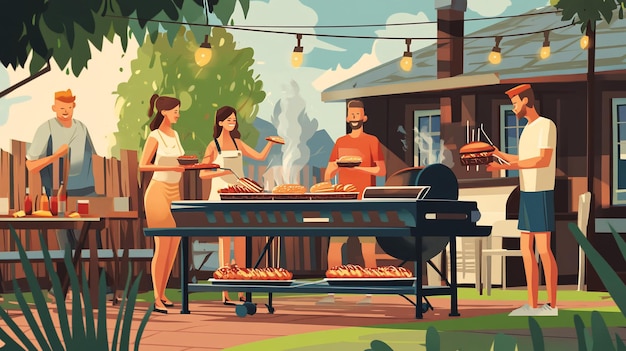 Amigos disfrutando de una barbacoa en el patio trasero asando comida y socializando