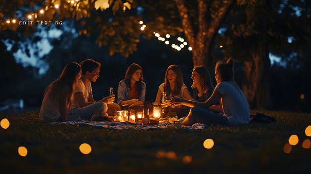 Amigos disfrutando de un picnic nocturno bajo las luces de las hadas