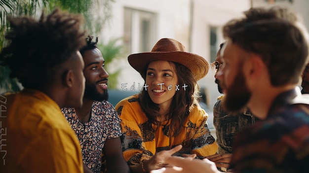 Amigos felices y diversos disfrutando de la conversación al aire libre