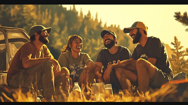 PSD amigos felizes rindo juntos durante uma viagem de acampamento na natureza
