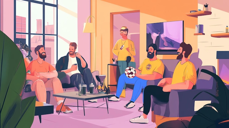 PSD amigos viendo juegos de deportes en la tv en un apartamento moderno bebiendo y charlando
