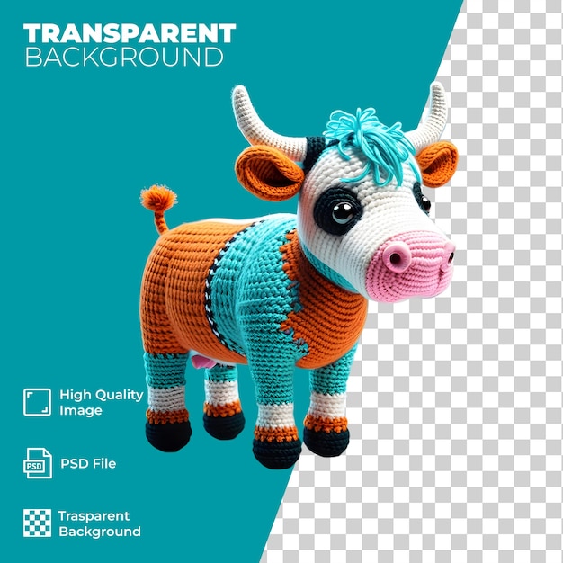 PSD amigurumi colorida vaca hermosa en el fondo transparente generado por la ia.