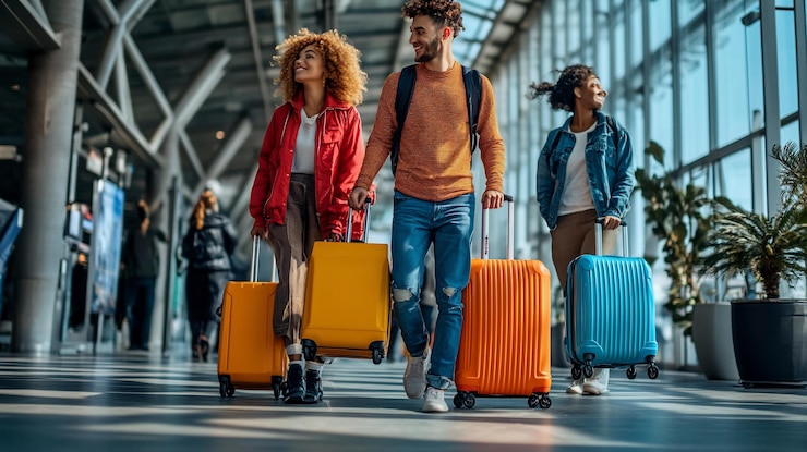 PSD des amis heureux et diversifiés avec des bagages marchant dans le terminal de l'aéroport