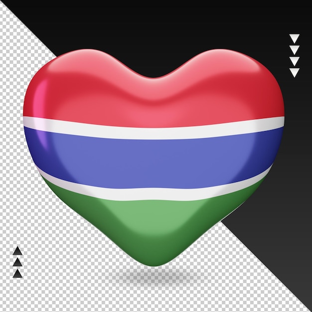 Amo a bandeira da gâmbia, coração, renderização em 3d, vista frontal