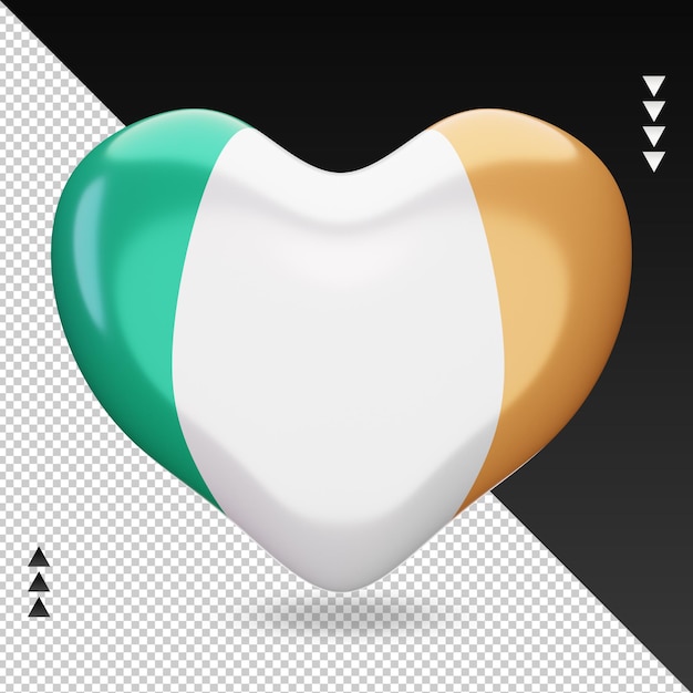 Amo a bandeira da irlanda, coração, renderização em 3d, vista frontal