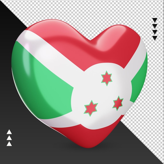 PSD amo a lareira da bandeira do burundi, renderização em 3d, vista esquerda