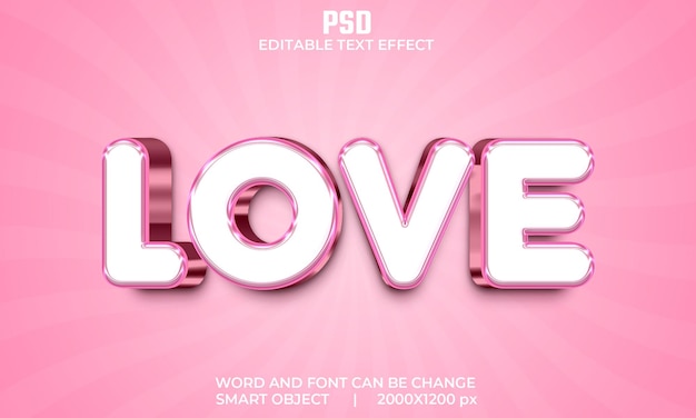 Amo efeito de texto editável 3d cor rosa psd premium com plano de fundo