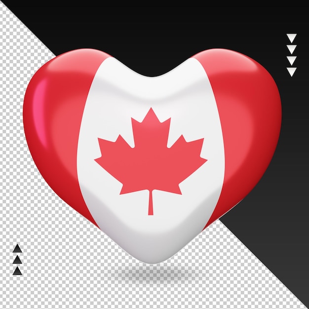 PSD amo o coração da bandeira do canadá, renderização em 3d, vista frontal