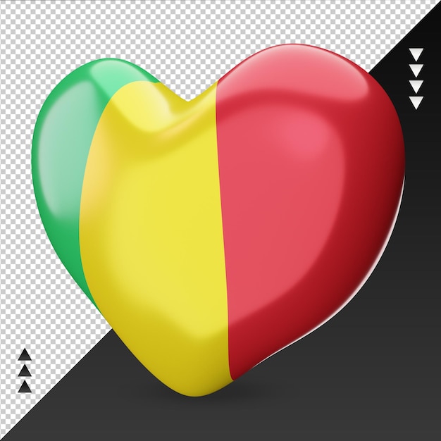 Amo o coração da bandeira do mali, renderização em 3d, vista direita