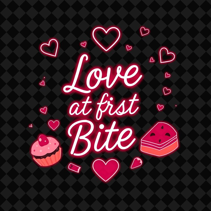 PSD amor luminoso en el primer mordisco texto en rosa neón y rojo suave con h png inspirado en la decoración de alimentos de neón
