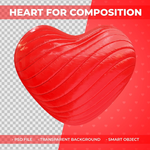 Amor metálico vermelho 3d ou formato de coração para composição renderização em 3d