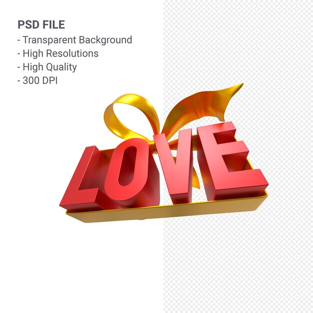 Amor palabra con arco y cinta 3D rendering aislado