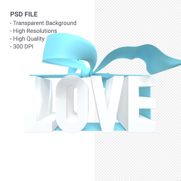 PSD amor palabra con arco y cinta 3d rendering aislado