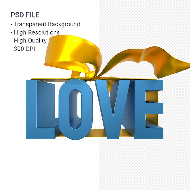 Amor palabra con arco y cinta 3D rendering aislado