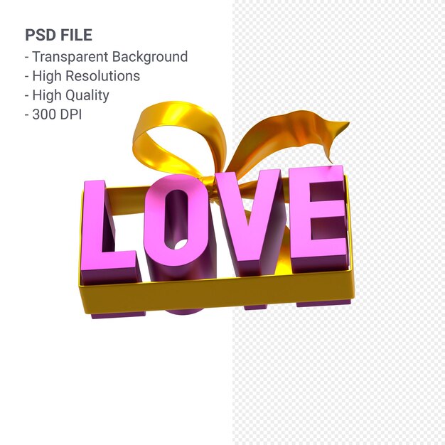 Amor palabra con arco y cinta 3D rendering aislado