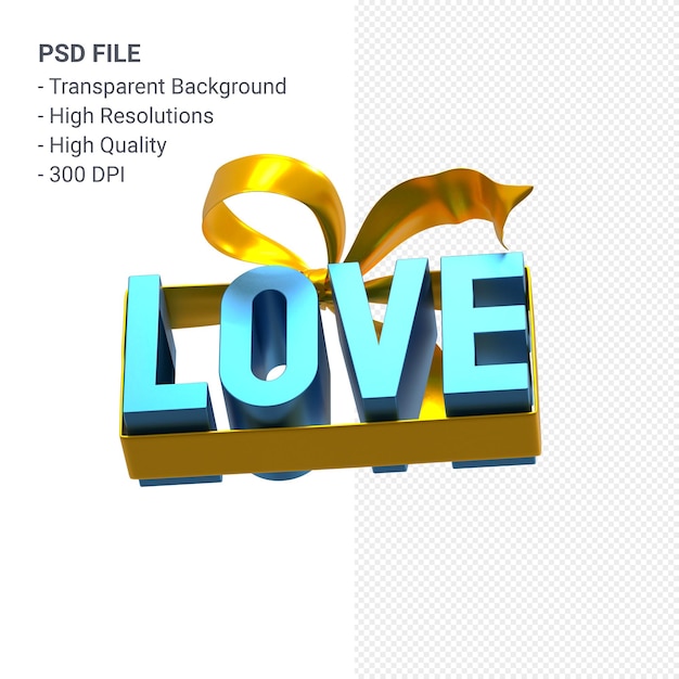 Amor palabra con arco y cinta 3D rendering aislado