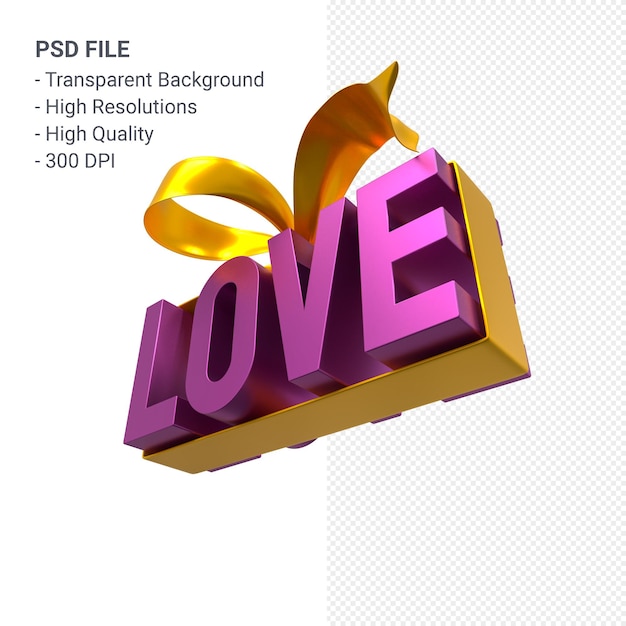 PSD amor palabra con arco y cinta 3d rendering aislado