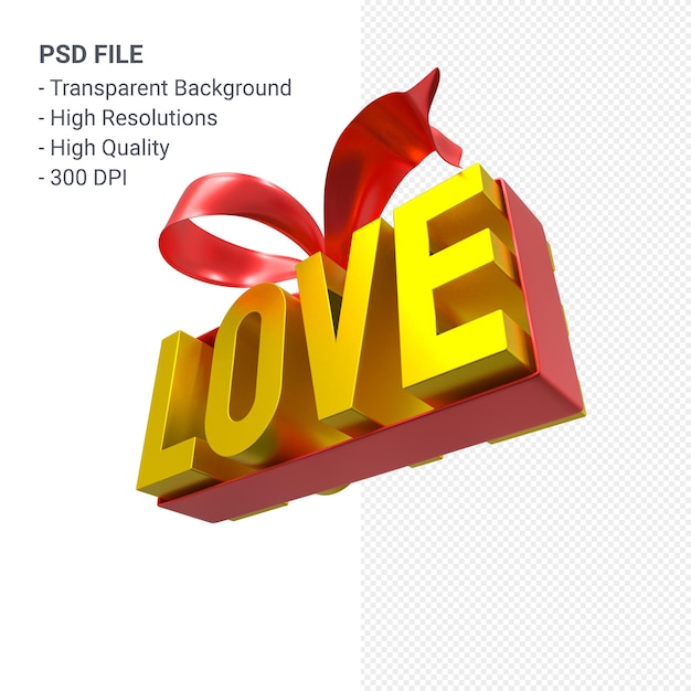 PSD amor palabra con arco y cinta 3d rendering aislado