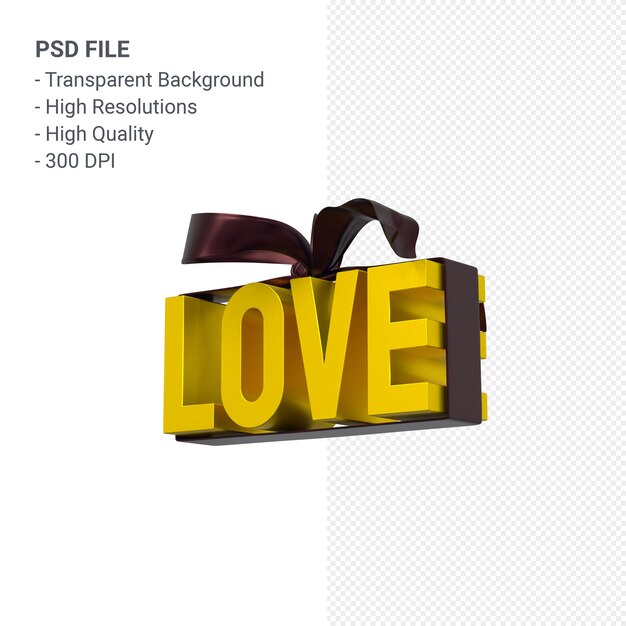 PSD amor palabra con arco y cinta 3d rendering aislado