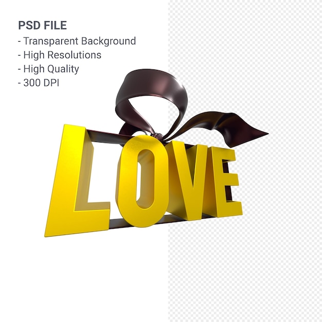 Amor palabra con arco y cinta 3D rendering aislado