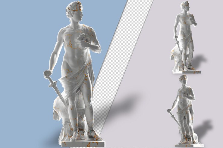 PSD amor patriae estatua renacimiento inspirado en 3d renderizado en mármol blanco y oro para arte y portadas de álbumes