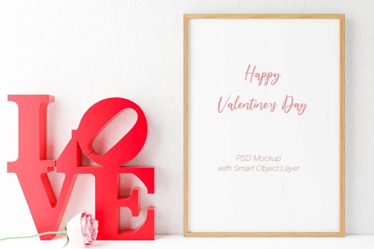 PSD amor y san valentín con maqueta de marco de fotos.