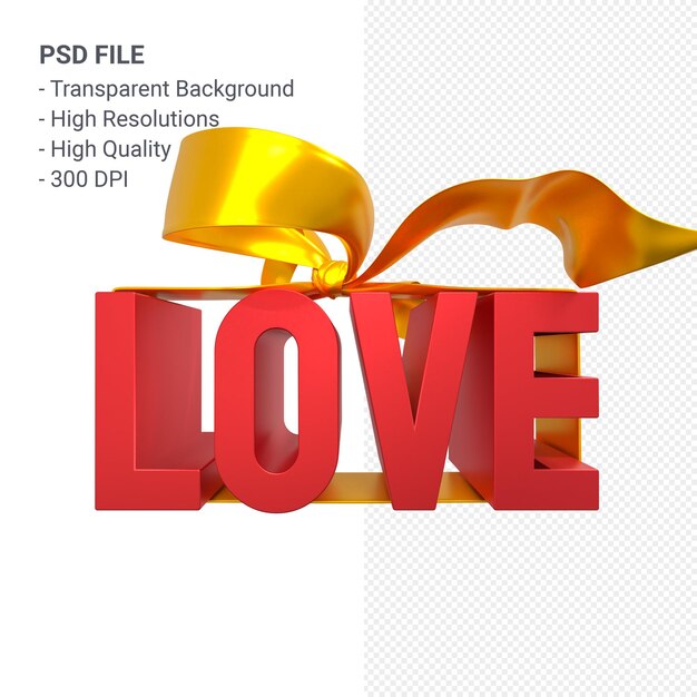 Amor texto con arco y cinta 3D rendering aislado