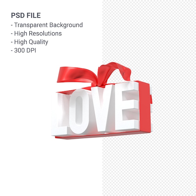Amor texto con arco y cinta 3D rendering aislado