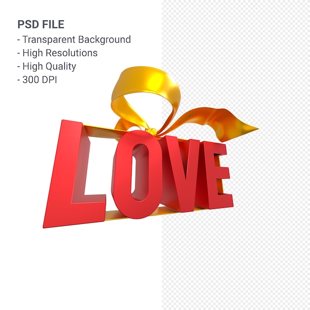 Amor texto con arco y cinta 3D rendering aislado