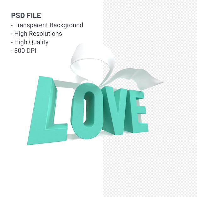 PSD amor texto con arco y cinta 3d rendering aislado