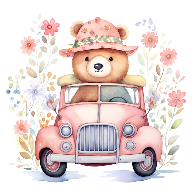 PSD amoroso urso de desenho animado no carro e flores aquarela clipart ilustração