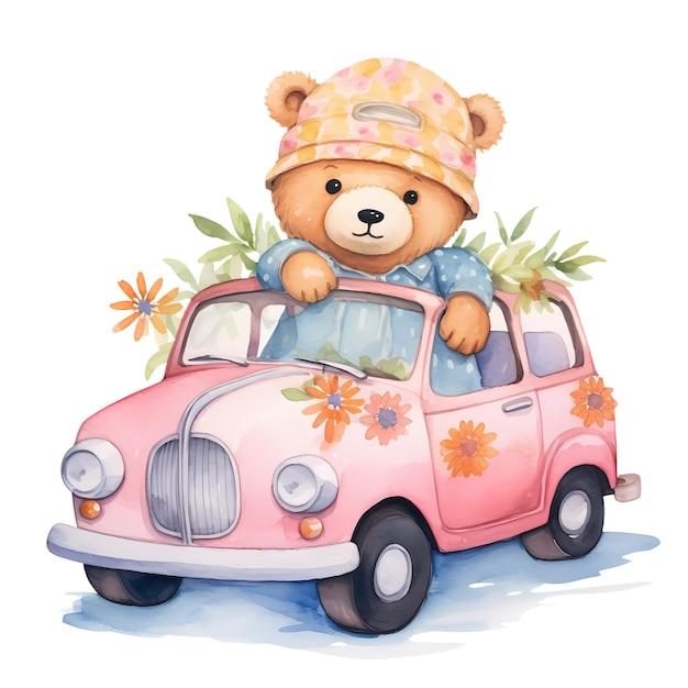 PSD amoroso urso de desenho animado no carro e flores aquarela clipart ilustração