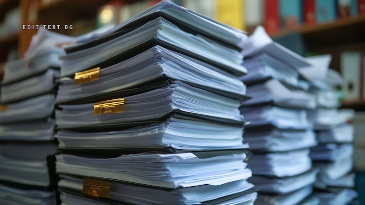 PSD ampie pile di documenti cartacei e file in ufficio