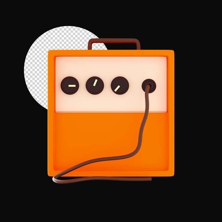 PSD amplificador de guitarra naranja 3d render icono sobre fondo negro