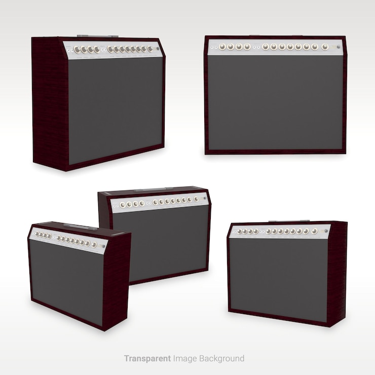 PSD amplificatore di chitarra e suono audio dell'altoparlante con sfondo di immagine trasparente isolato rendering 3d