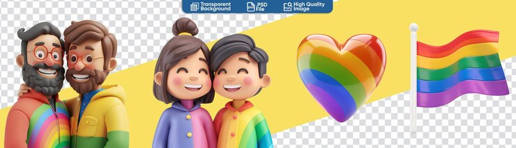 PSD amplios marcadores de orgullo lgbt pares de banderas de arco iris de corazón en 3d