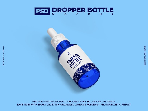 Ampolla de vidrio de suero azul botella psd maqueta de aceite esencial o maqueta de diseño de embalaje para el cuidado de la piel