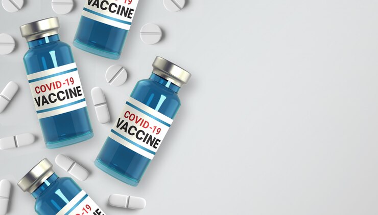 PSD ampollas de vidrio 3d realistas con medicamentos, infección por virus corona