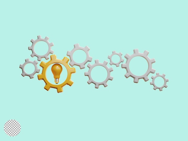 Ampoule jaune avec engrenage mécanique pour une idée de pensée créative et un concept de solution de résolution de problèmes par illustration de rendu 3d