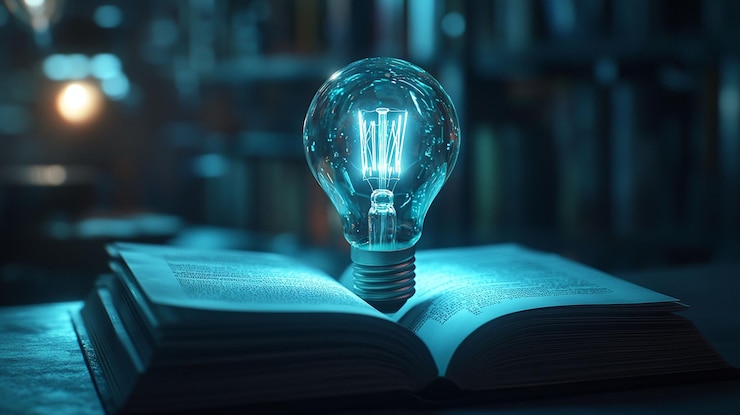 PSD une ampoule lumineuse sur un livre ouvert dans une bibliothèque sombre