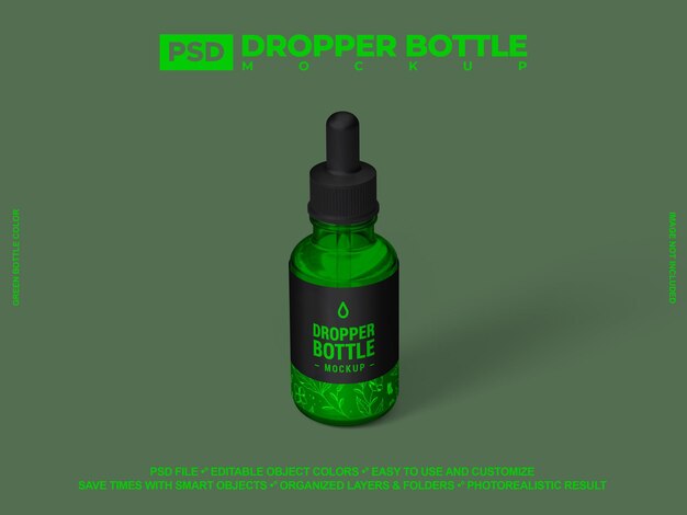 PSD ampoule en verre de sérum cosmétique mockup bouteille à goutte à goutte verte mockup psd