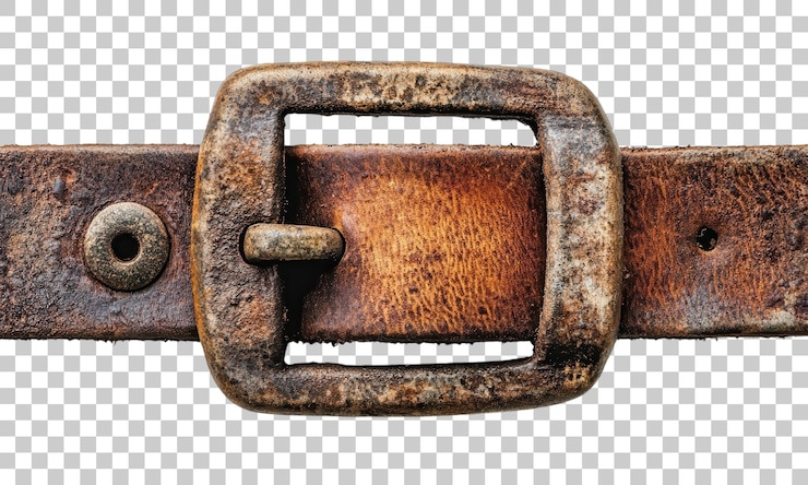 PSD an aged leather belt with a vintage metal buckle resting on a textured surface in warm light