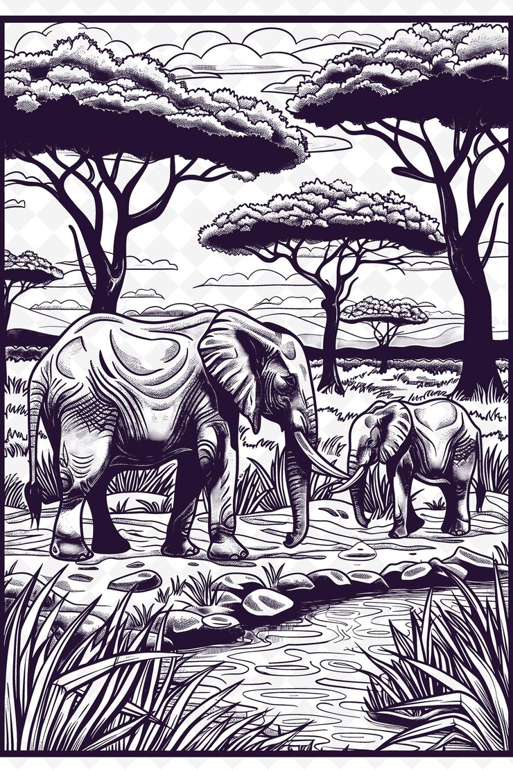 PSD an elephant with tusks and trees in the background