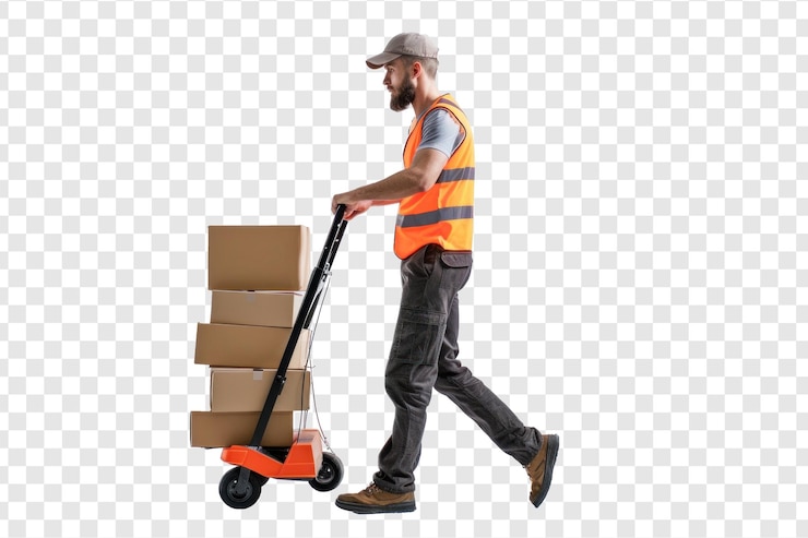 PSD an safety vest and a hat pushing a dolly with packages on transparency background