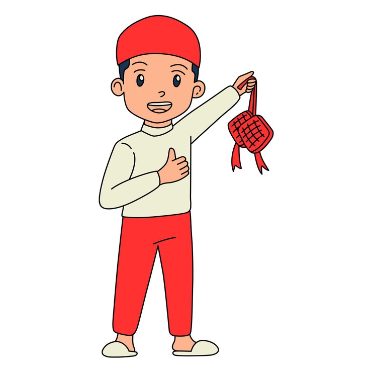 PSD anak laki-laki muslim selamat idul fitri dengan pakaian warna-warni memegang ketupat
