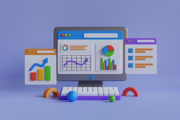 Análise automatizada de dados 3D, previsão financeira, pesquisa de mercado. Conceito com computador portátil