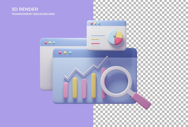 Análise de dados de gráfico de relatório financeiro de marketing online e conceito de desenvolvimento web 3d render