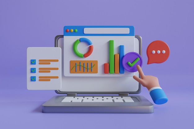 Analisi dei dati 3D, dashboard e report di finanza aziendale. Marketing online, grafico del rapporto finanziario